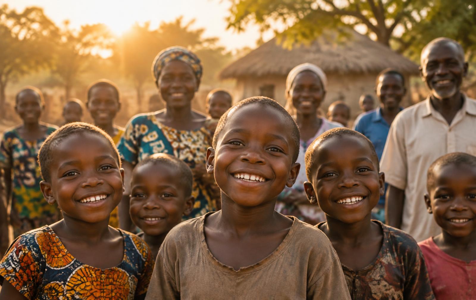 Children and families of the Hope of Christ Foundation community smiling together at sunset